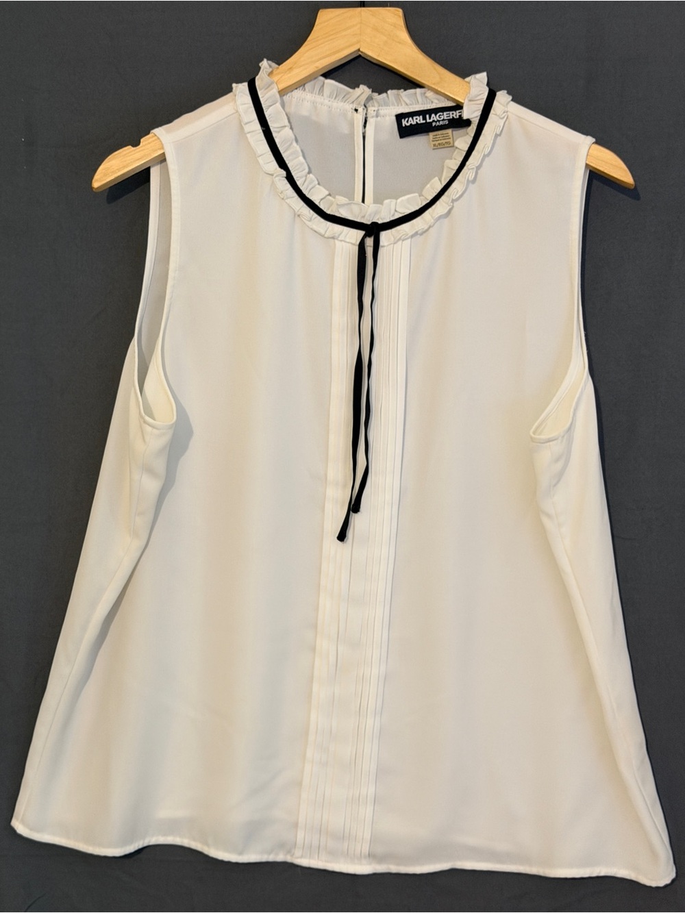Karl Lagerfeld White Sleeveless Ruffle-Trim Blouse with Black Tie